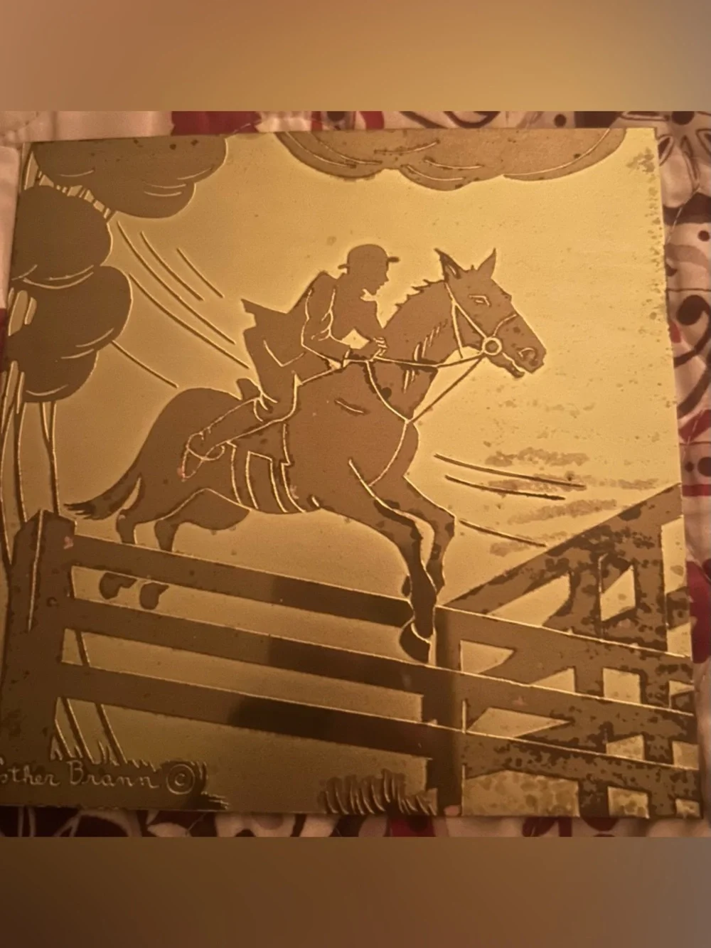 Vintage gilt & acid-etched metal of horse & rider by artist Esther Brann.